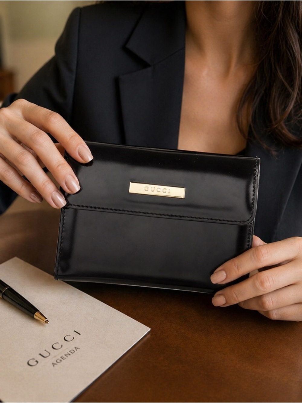 Gucci Black Patent Leather Agenda with Gold Logo Plate